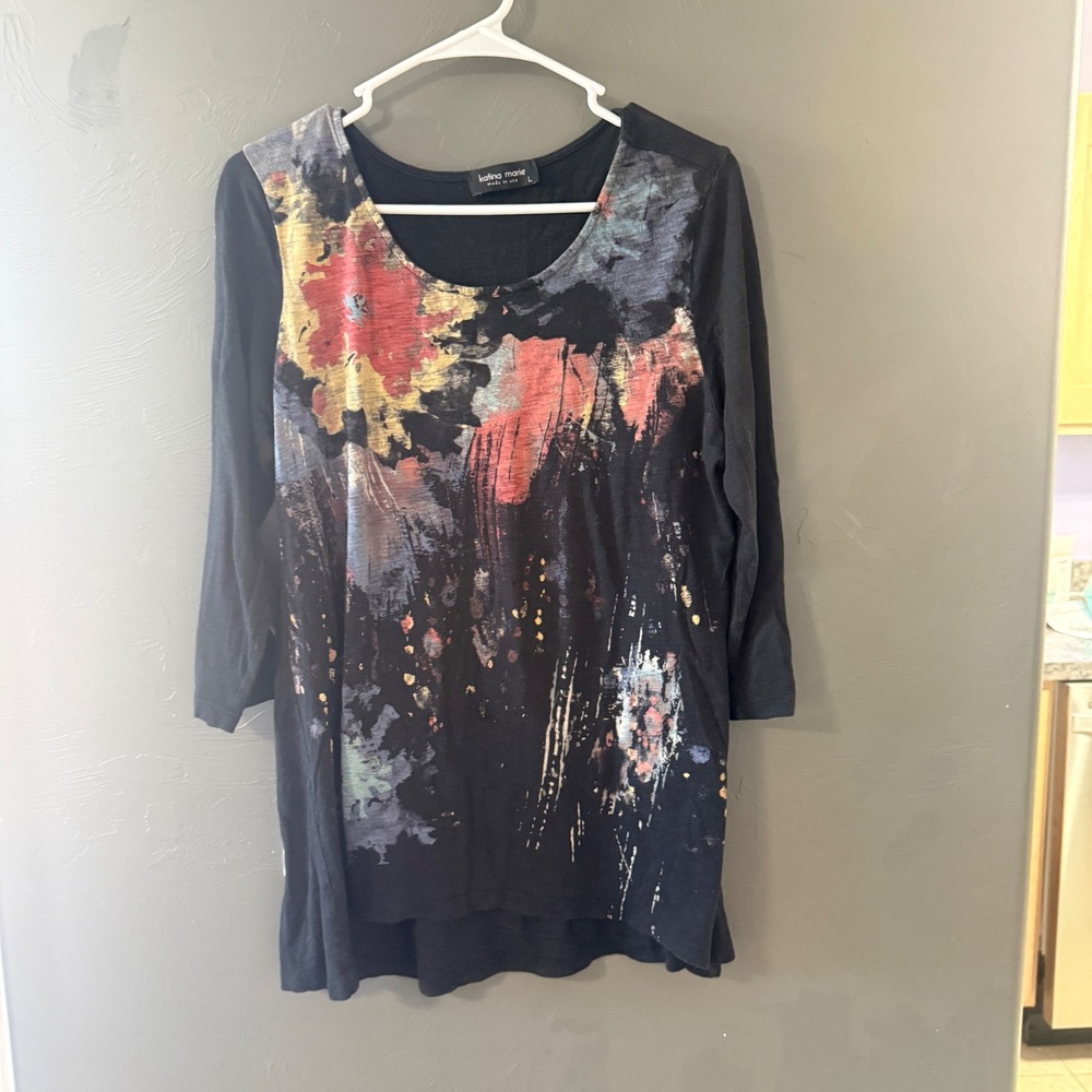 Katina Marie Womens Large Black Abstract Floral Art Print 3/4 Sleeve Tunic Top‎